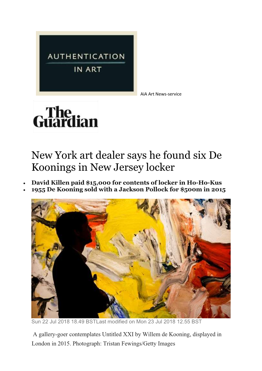 New York Art Dealer Says He Found Six De Koonings in New Jersey Locker