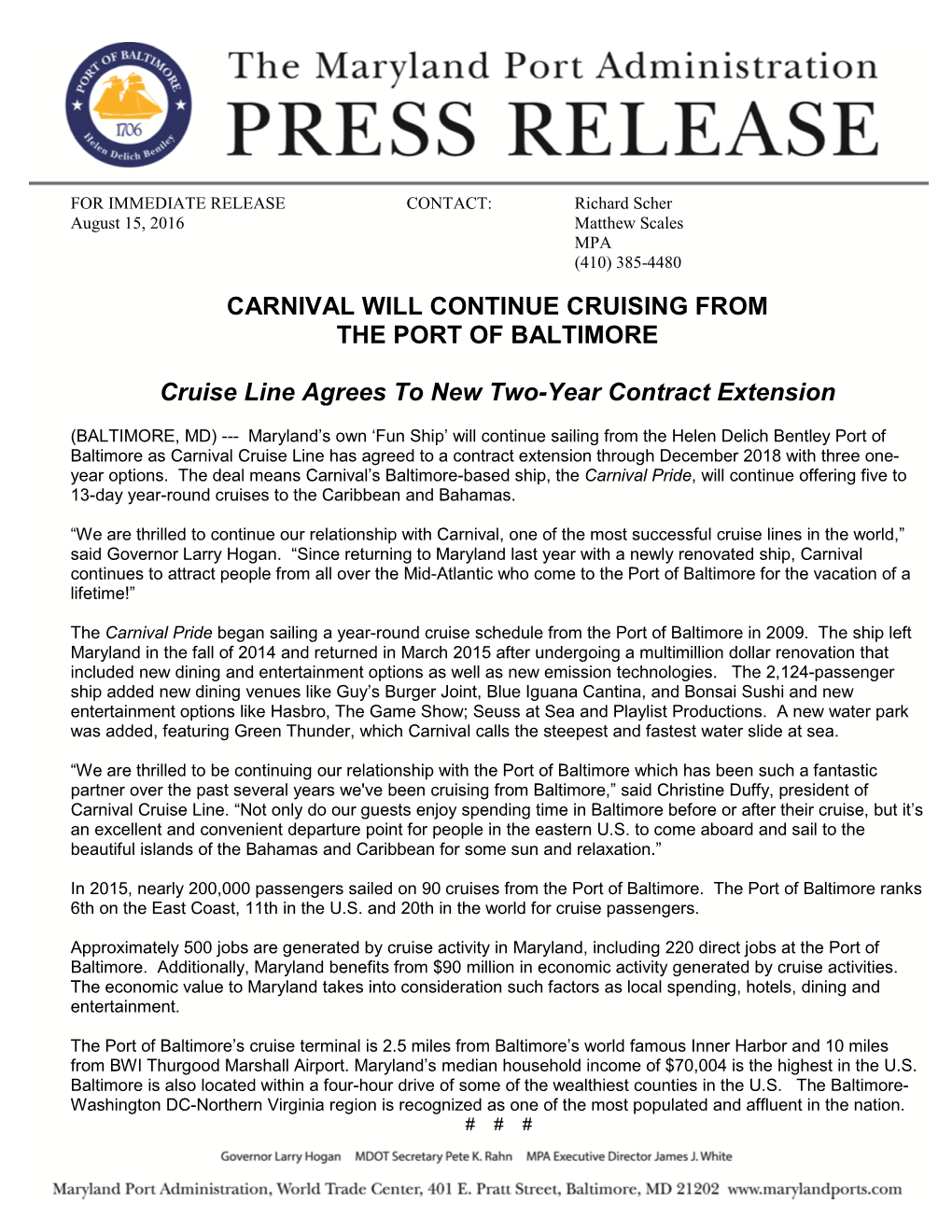 Carnival Will Continue Cruising from the Port of Baltimore