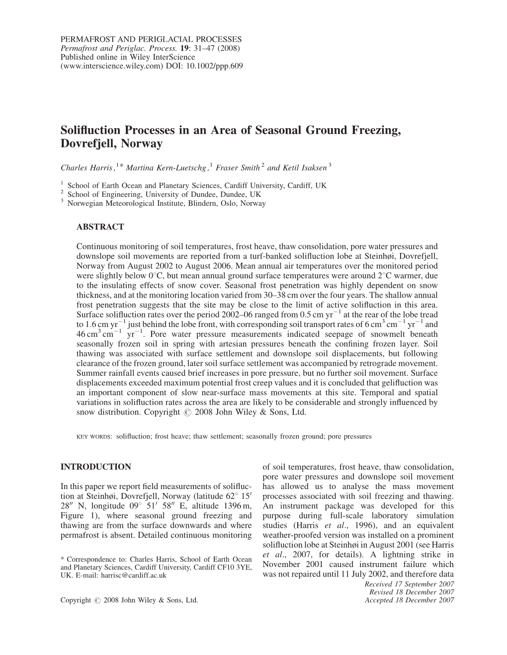 Solifluction Processes in an Area of Seasonal Ground Freezing