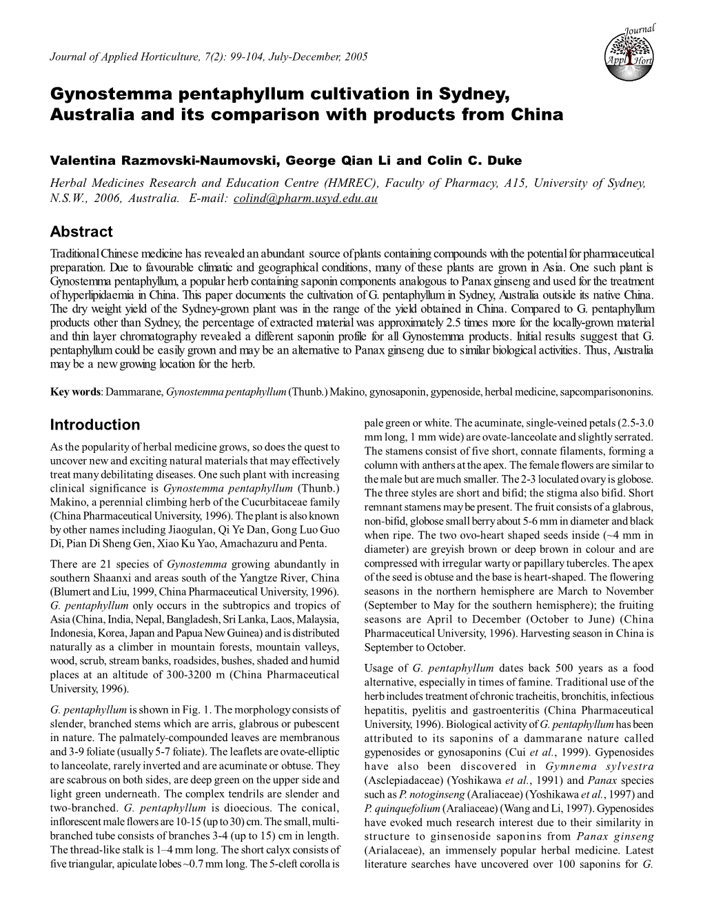 Gynostemma Pentaphyllum Cultivation in Sydney, Australia and Its Comparison with Products from China