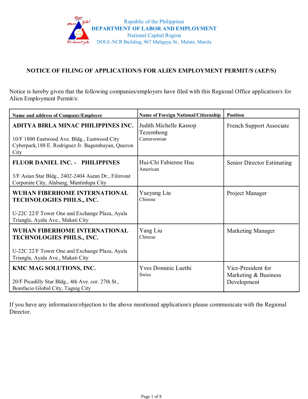 NOTICE of FILING of APPLICATION/S for ALIEN EMPLOYMENT PERMIT/S (AEP/S) Notice Is Hereby Given That the Following Companies/Empl