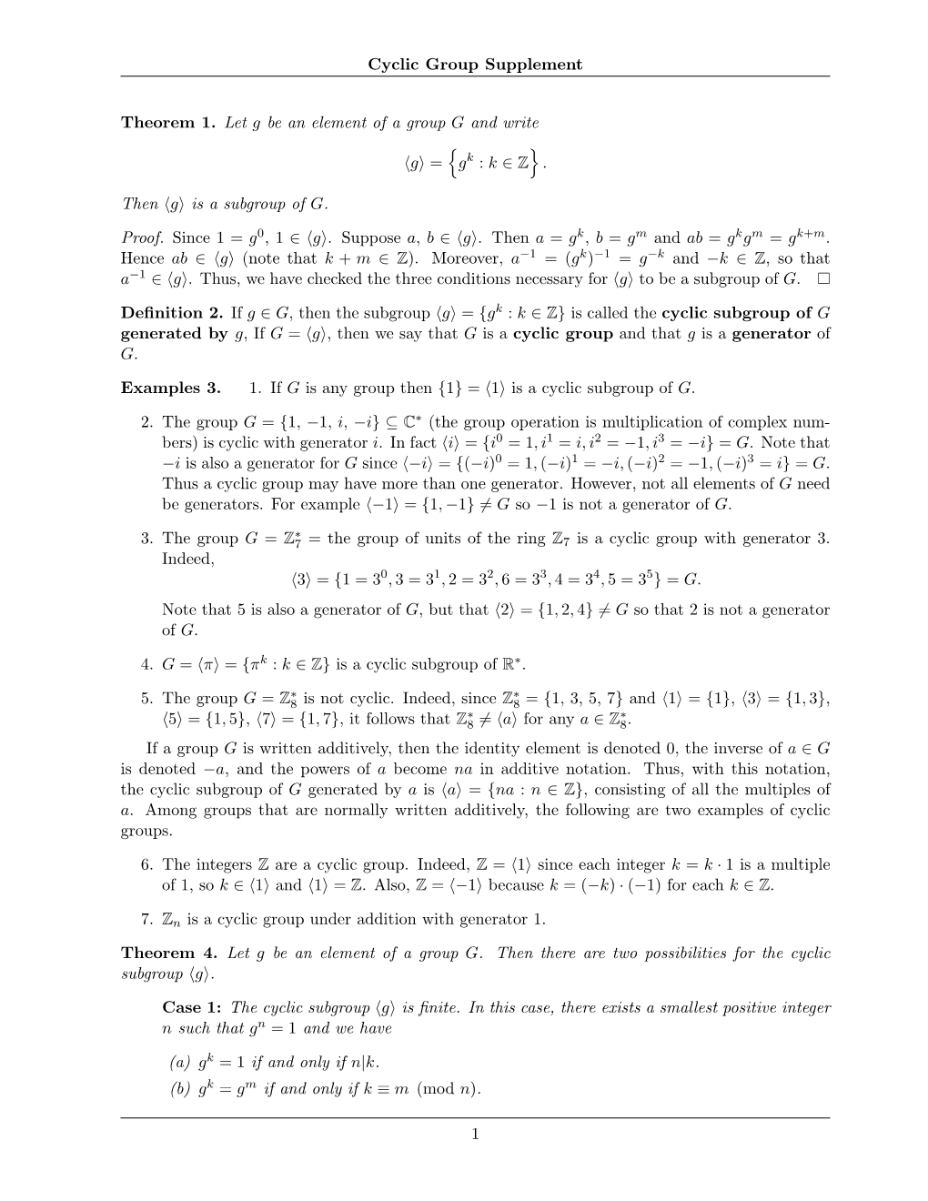 Cyclic Group Supplement Theorem 1. Let G Be an Element of A