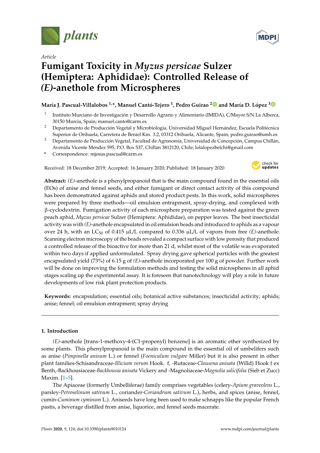 Fumigant Toxicity in Myzus Persicae Sulzer (Hemiptera: Aphididae): Controlled Release of (E)-Anethole from Microspheres