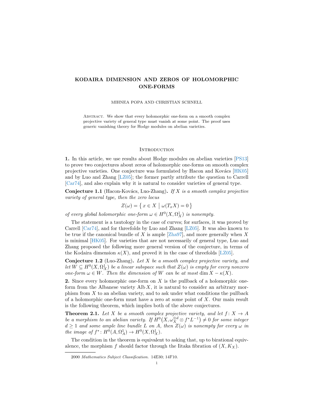 Kodaira Dimension and Zeros of Holomorphic One-Forms