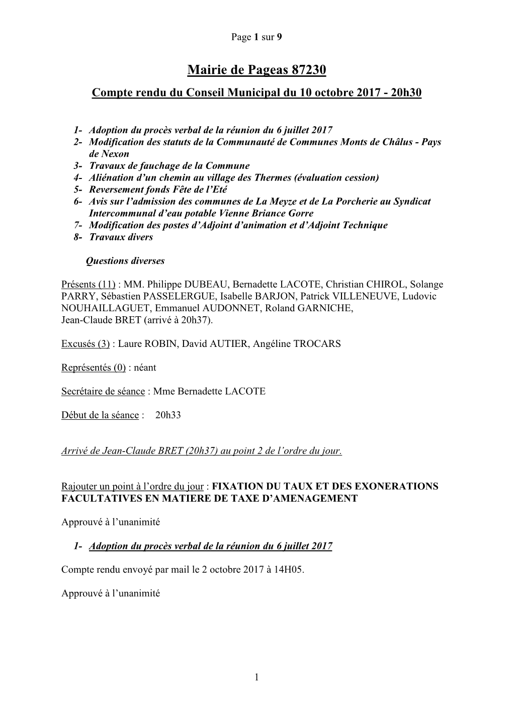 Mairie De Pageas 87230 Compte Rendu Du Conseil Municipal Du 10 Octobre 2017 - 20H30