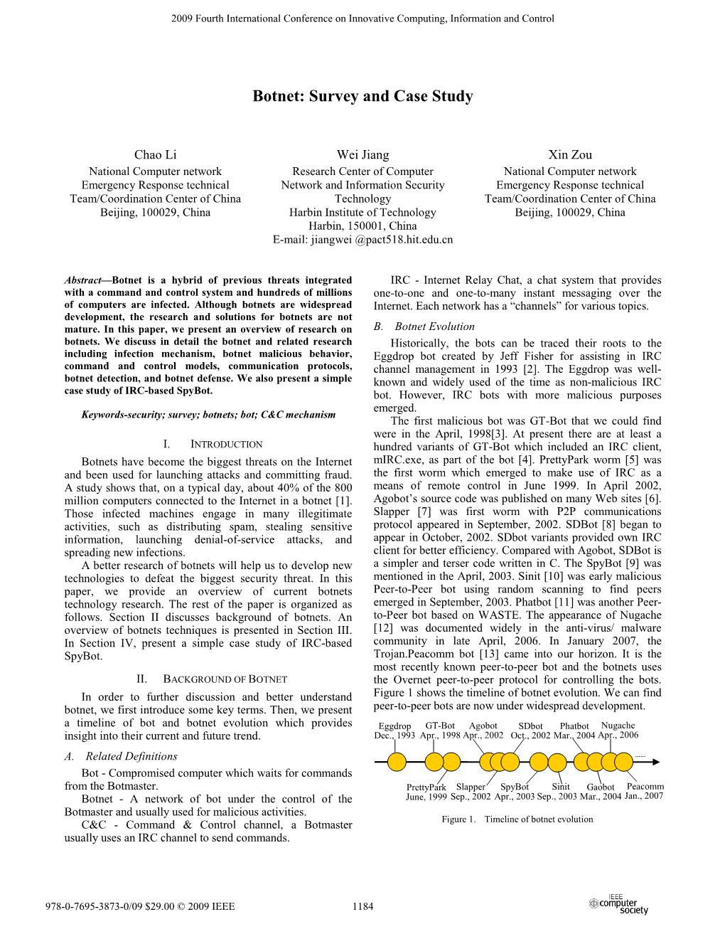 “Botnet: Survey and Case Study,” 2009 Fourth International Conference