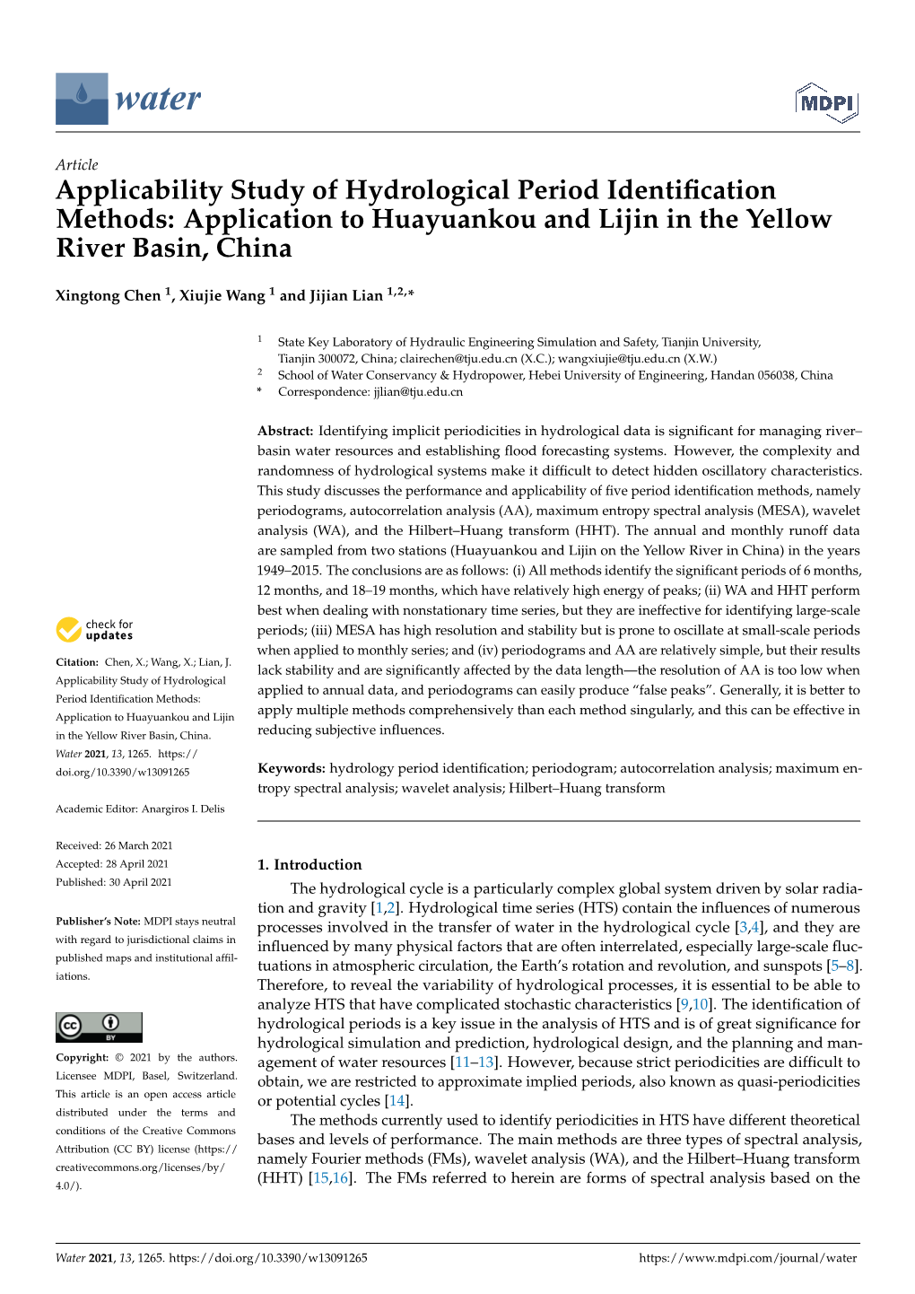 Applicability Study of Hydrological Period Identification Methods