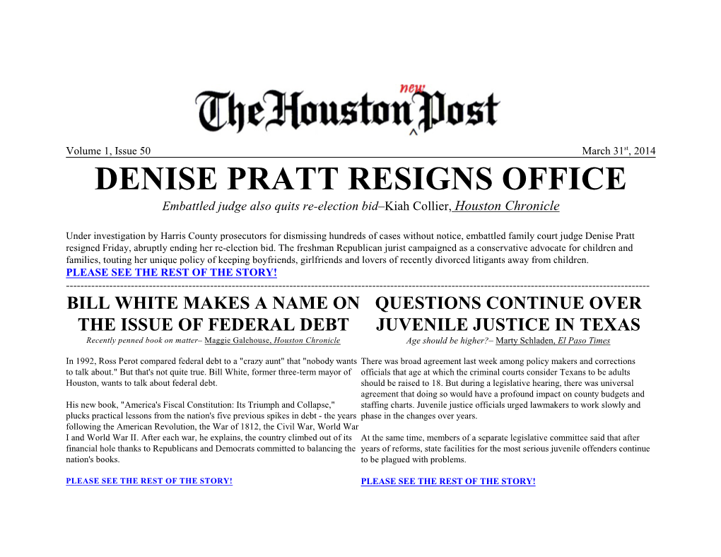 DENISE PRATT RESIGNS OFFICE Embattled Judge Also Quits Re-Election Bid–Kiah Collier, Houston Chronicle