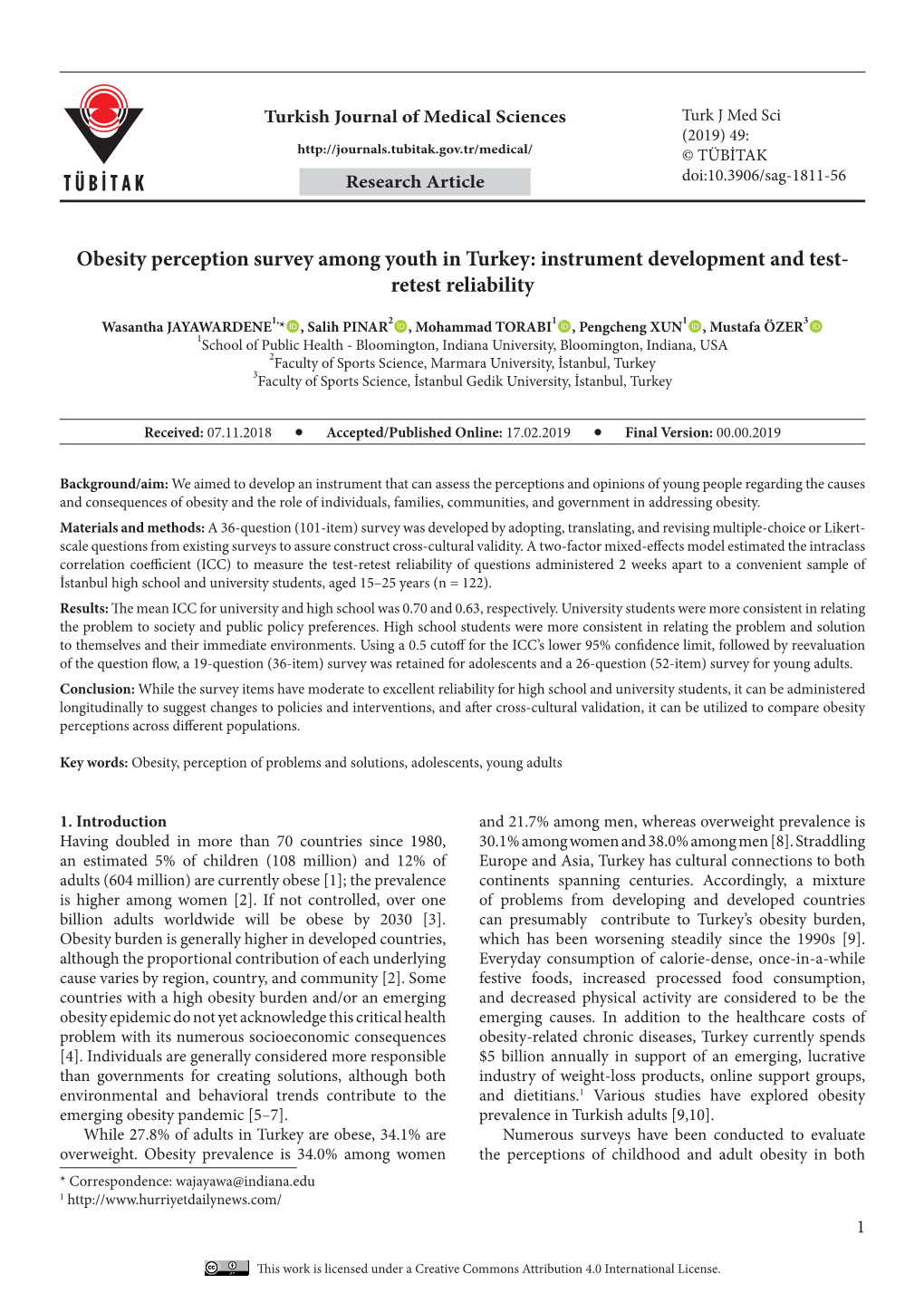 Obesity Perception Survey Among Youth in Turkey: Instrument Development and Test- Retest Reliability