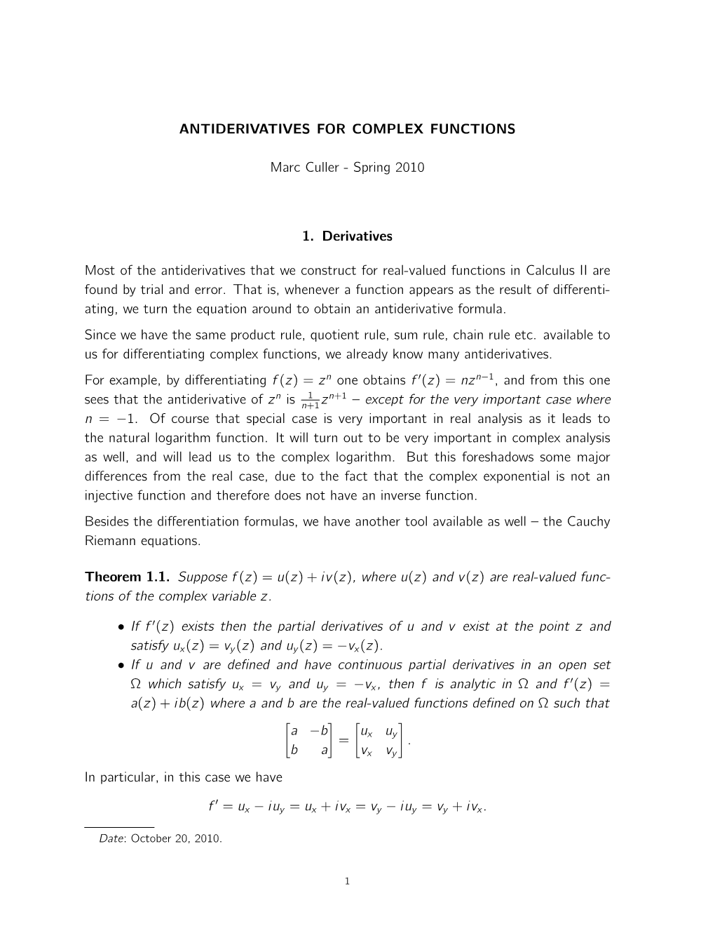 ANTIDERIVATIVES for COMPLEX FUNCTIONS Marc Culler