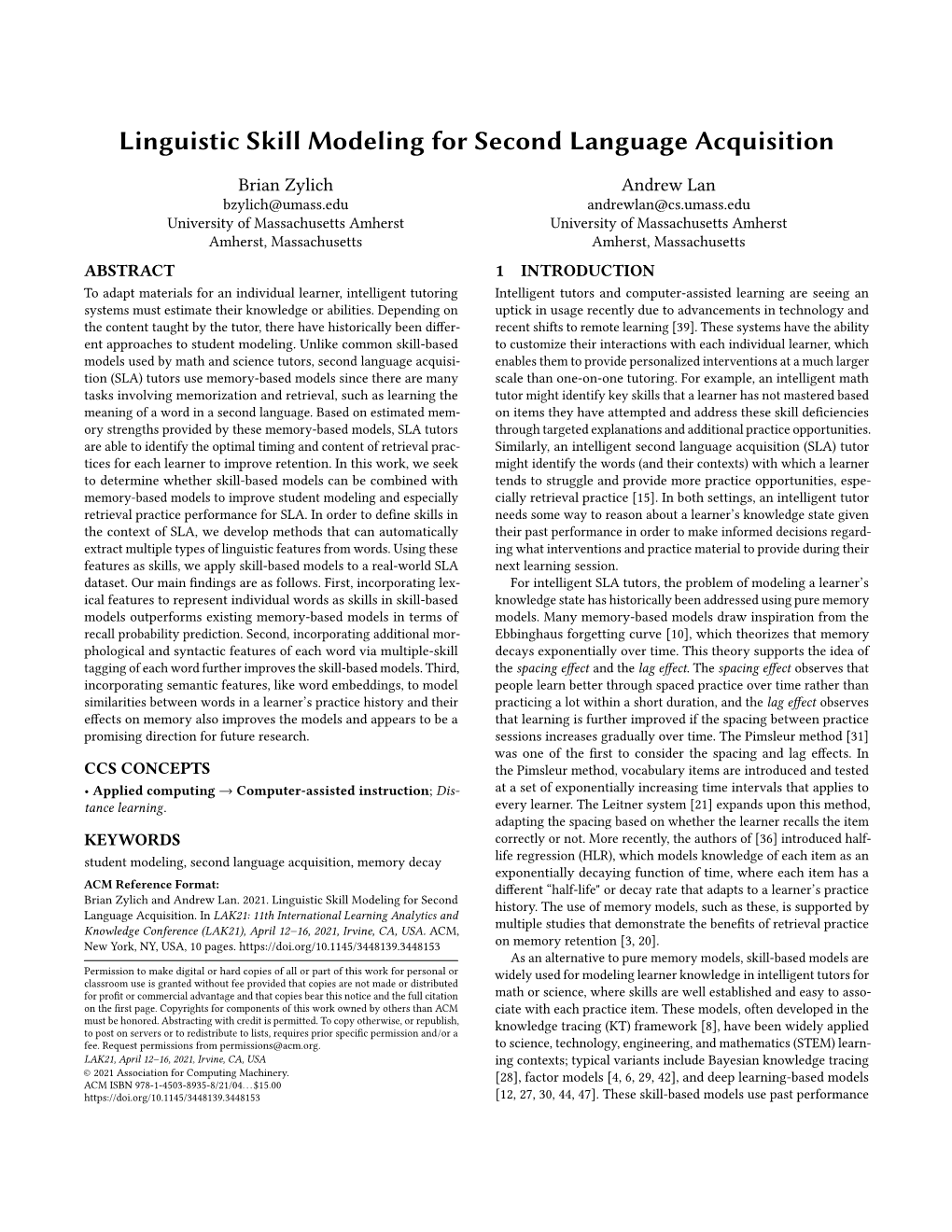 Linguistic Skill Modeling for Second Language Acquisition