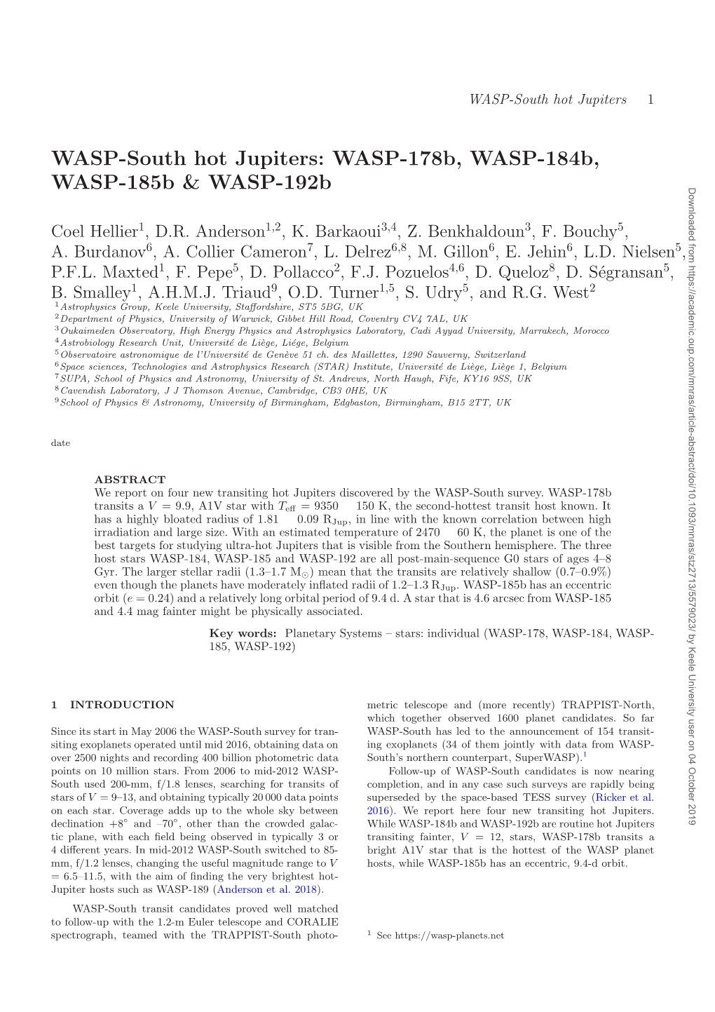 WASP-South Hot Jupiters: WASP-178B, WASP-184B, WASP-185B & WASP-192B