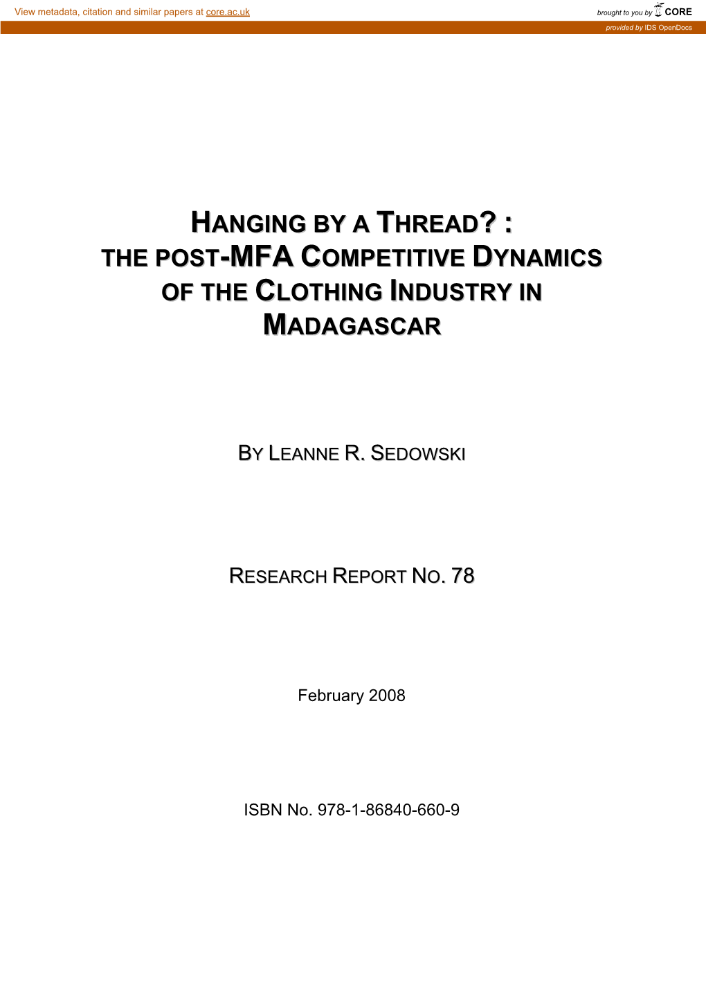 Hanging by a Thread? : the Post-Mfa Competitive Dynamics of the Clothing Industry in Madagascar