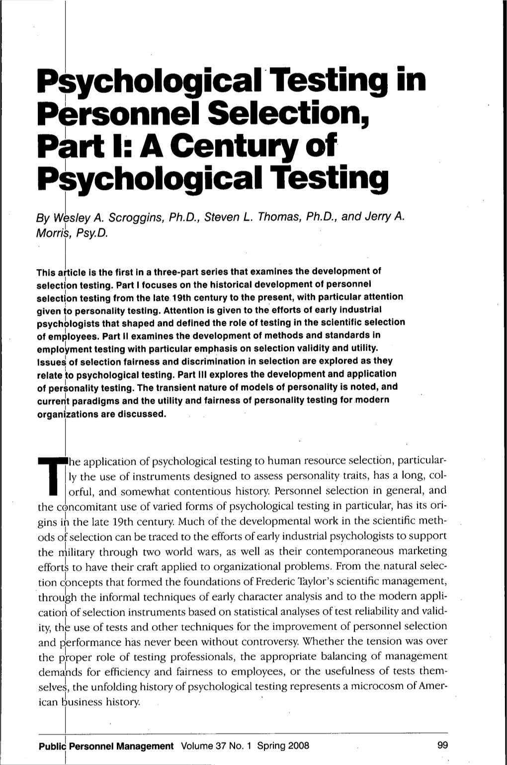 Psychological Testing in Personnel Selection, Part I: a Century of Psychological Testing
