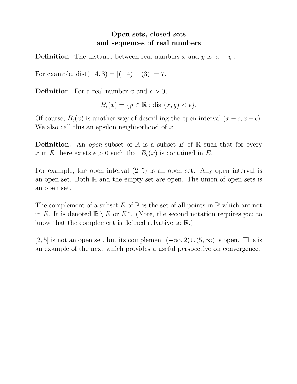 Open Sets, Closed Sets and Sequences of Real Numbers Deﬁnition