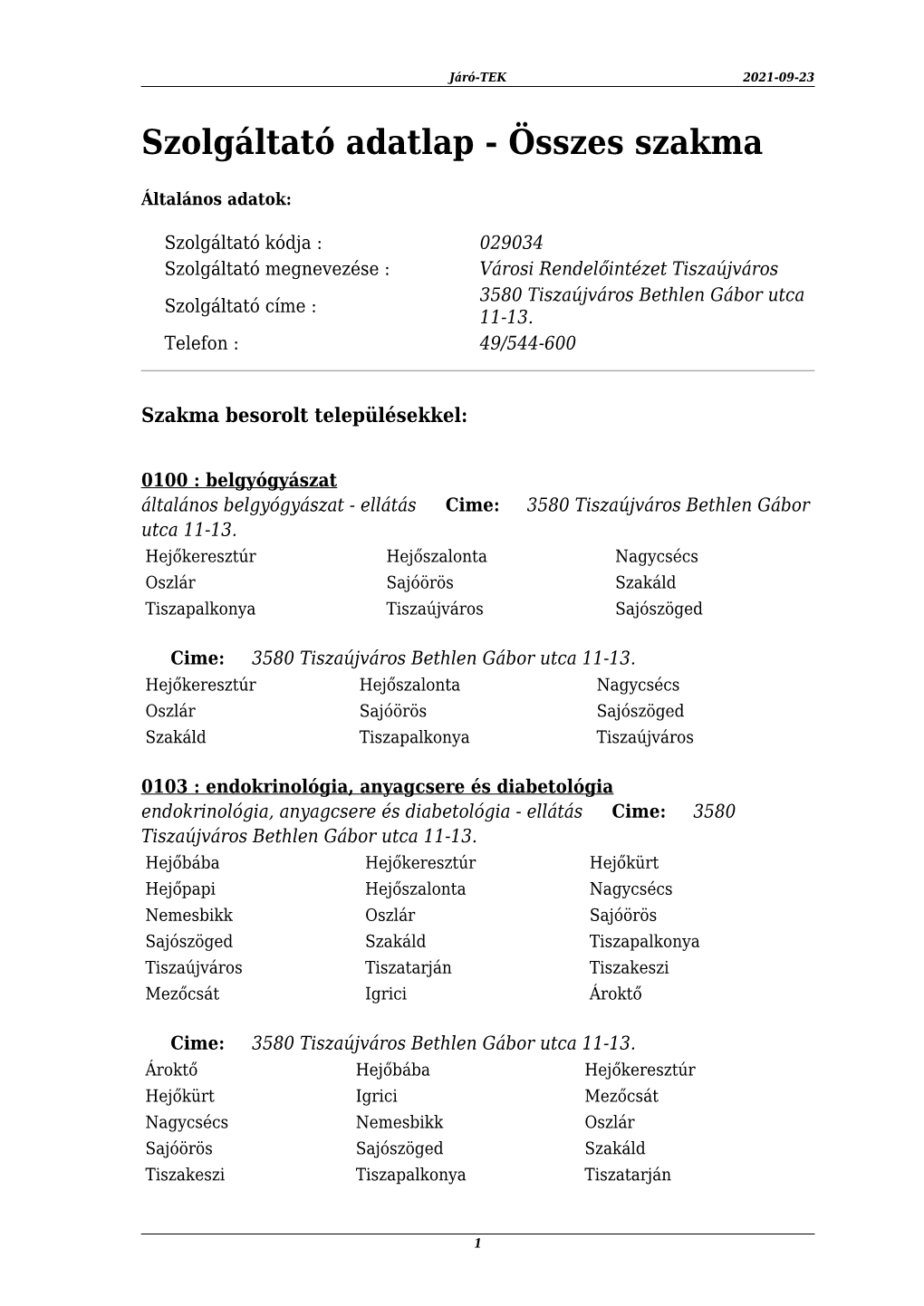 Szolgáltató Adatlap - Összes Szakma