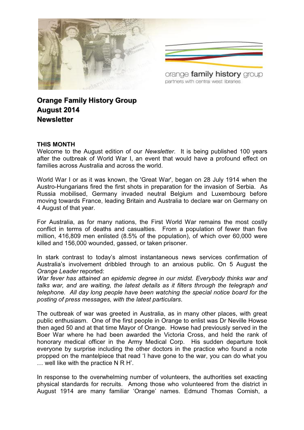 Orange Family History Group August 2014 Newsletter