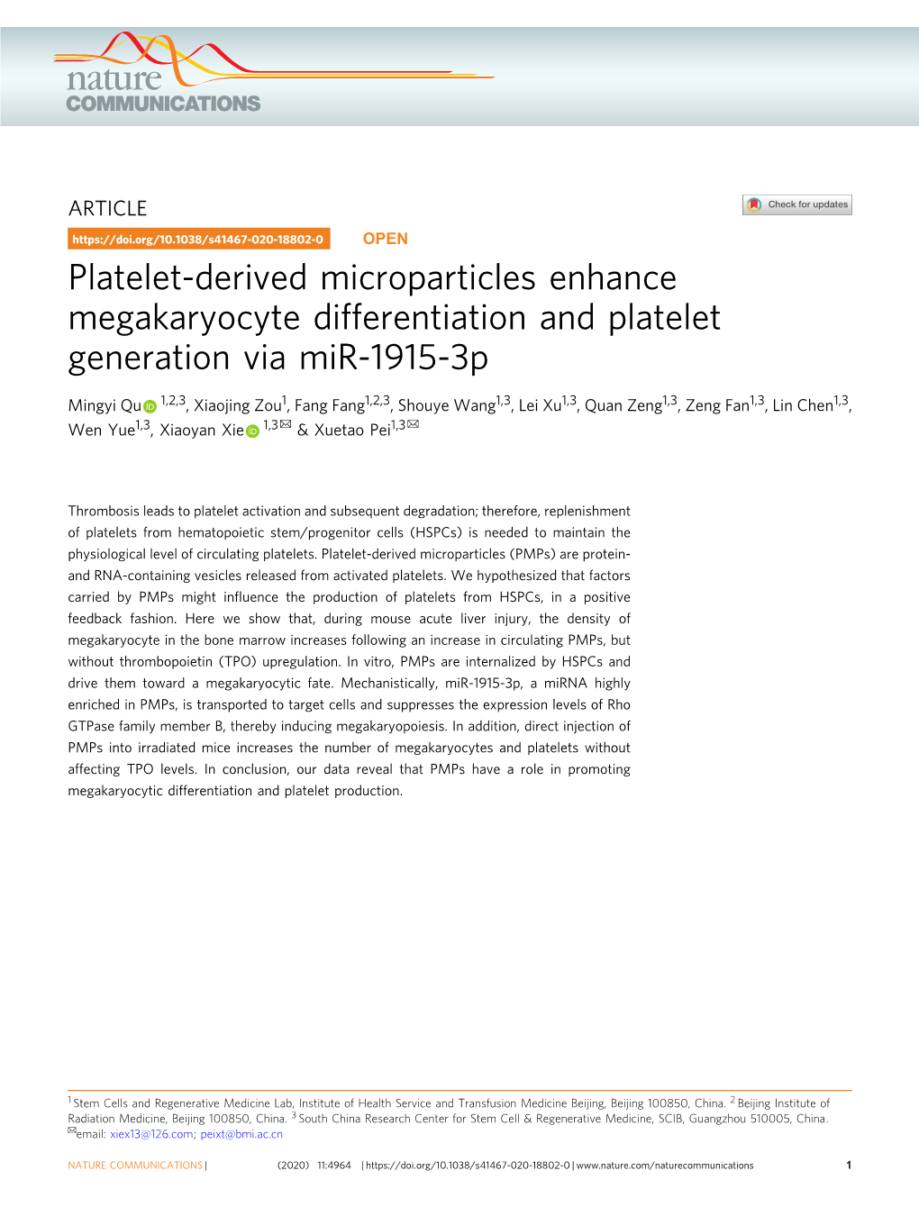 Platelet-Derived Microparticles Enhance Megakaryocyte Differentiation and Platelet Generation Via Mir-1915-3P