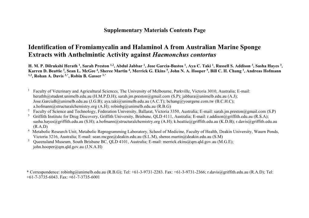 Identification of Fromiamycalin and Halaminol a from Australian Marine Sponge Extracts with Anthelmintic Activity Against Haemonchus Contortus