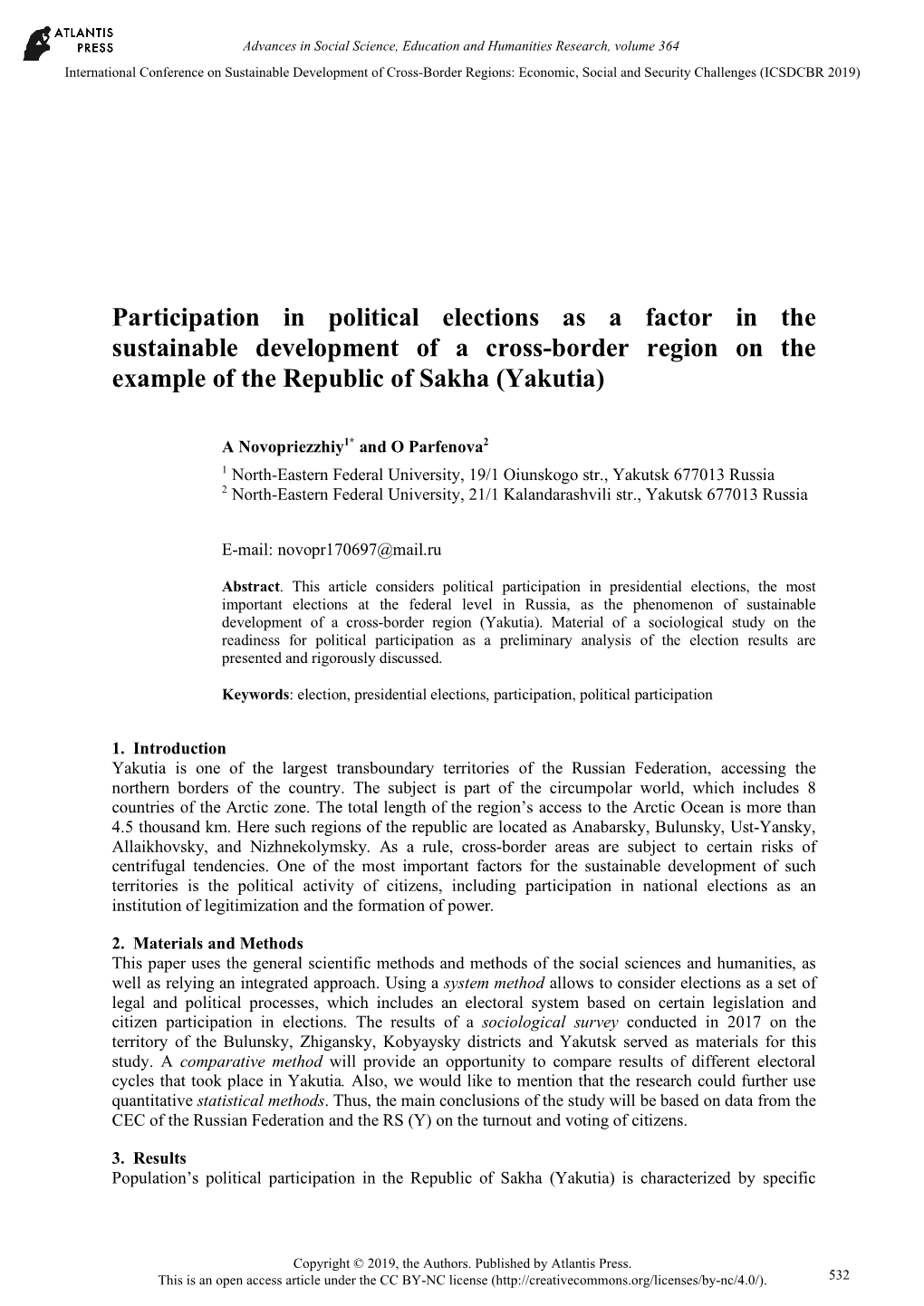 Participation in Political Elections As a Factor in the Sustainable Development of a Cross-Border Region on the Example of the Republic of Sakha (Yakutia)