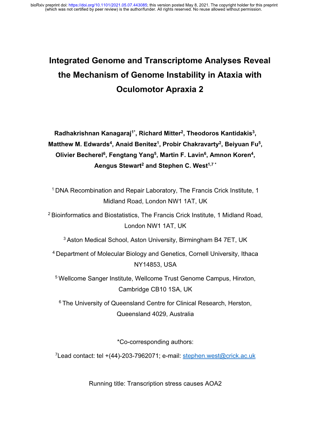 Integrated Genome and Transcriptome Analyses Reveal the Mechanism of Genome Instability in Ataxia with Oculomotor Apraxia 2