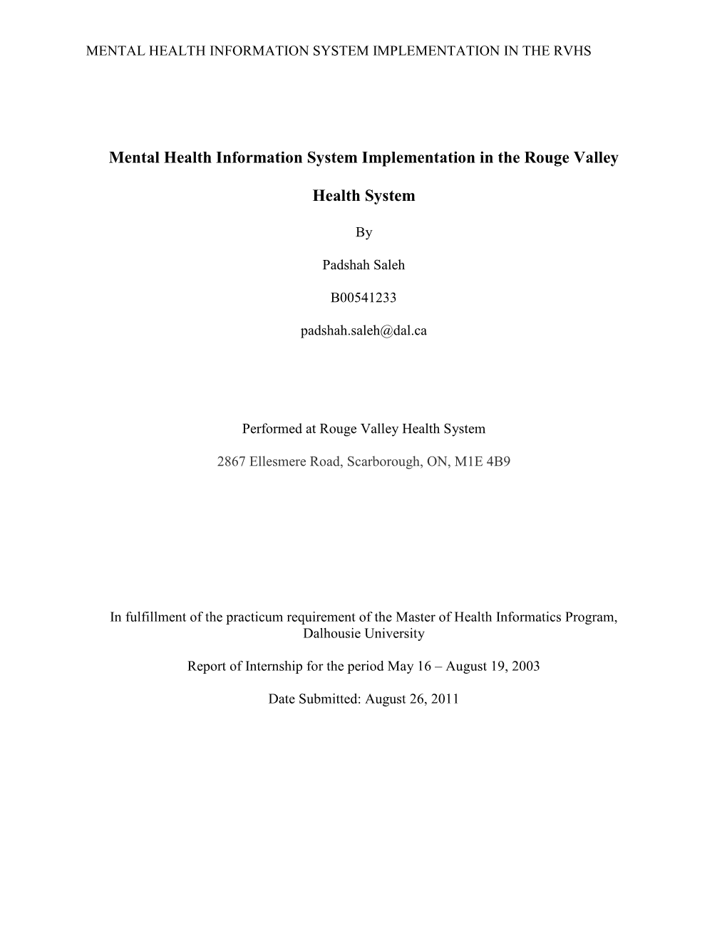 Mental Health Information System Implementation in the Rouge Valley