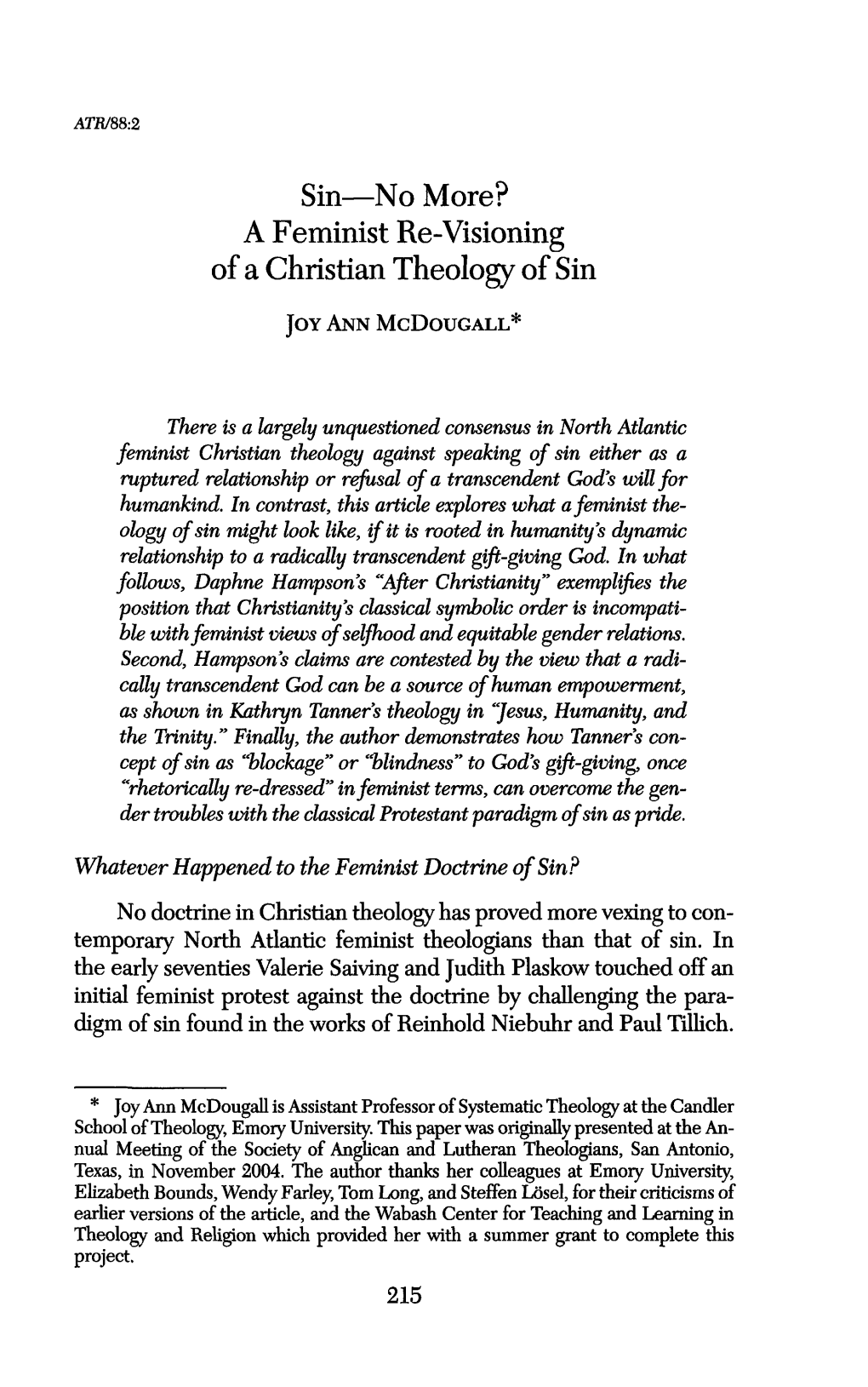 A Feminist Re-Visioning of a Christian Theology of Sin