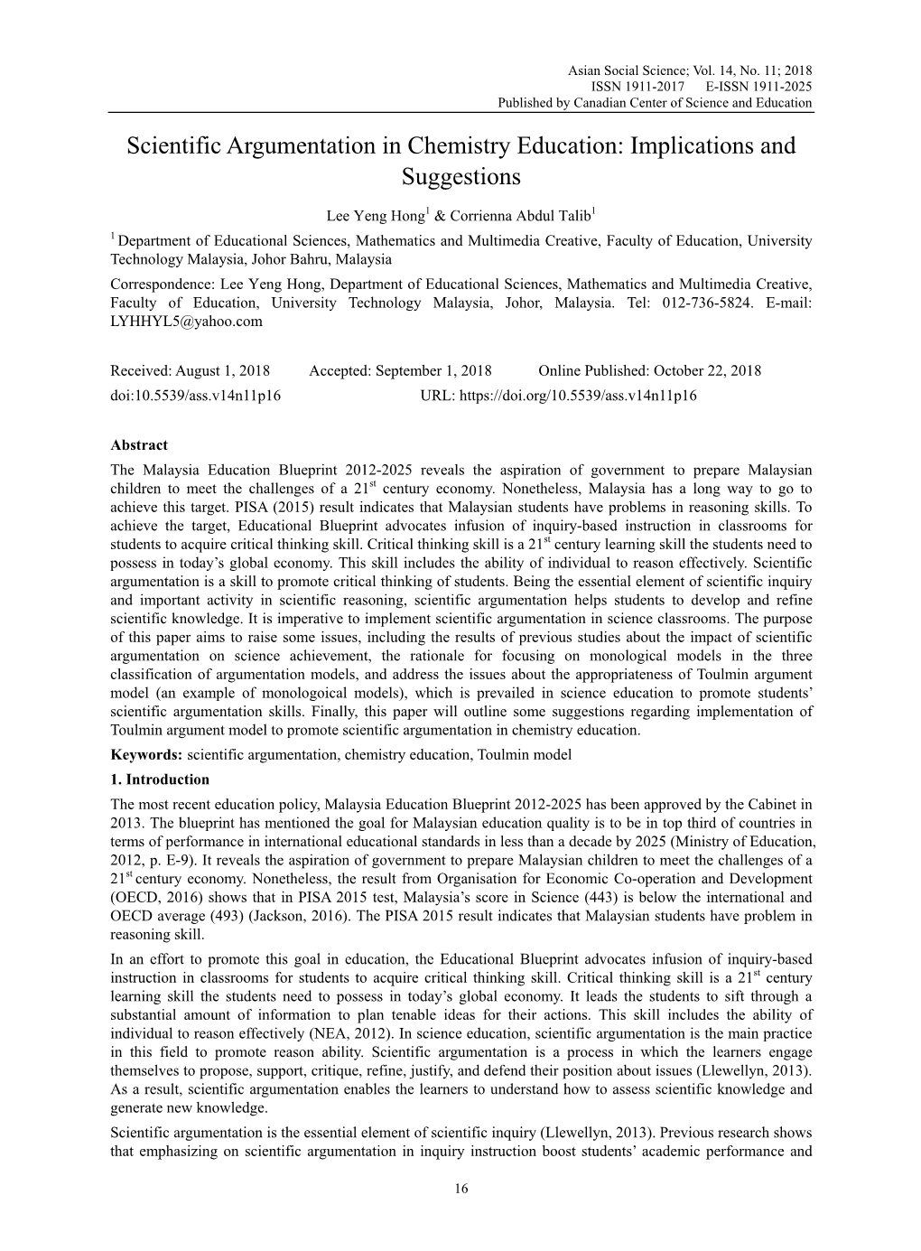 Scientific Argumentation in Chemistry Education: Implications and Suggestions