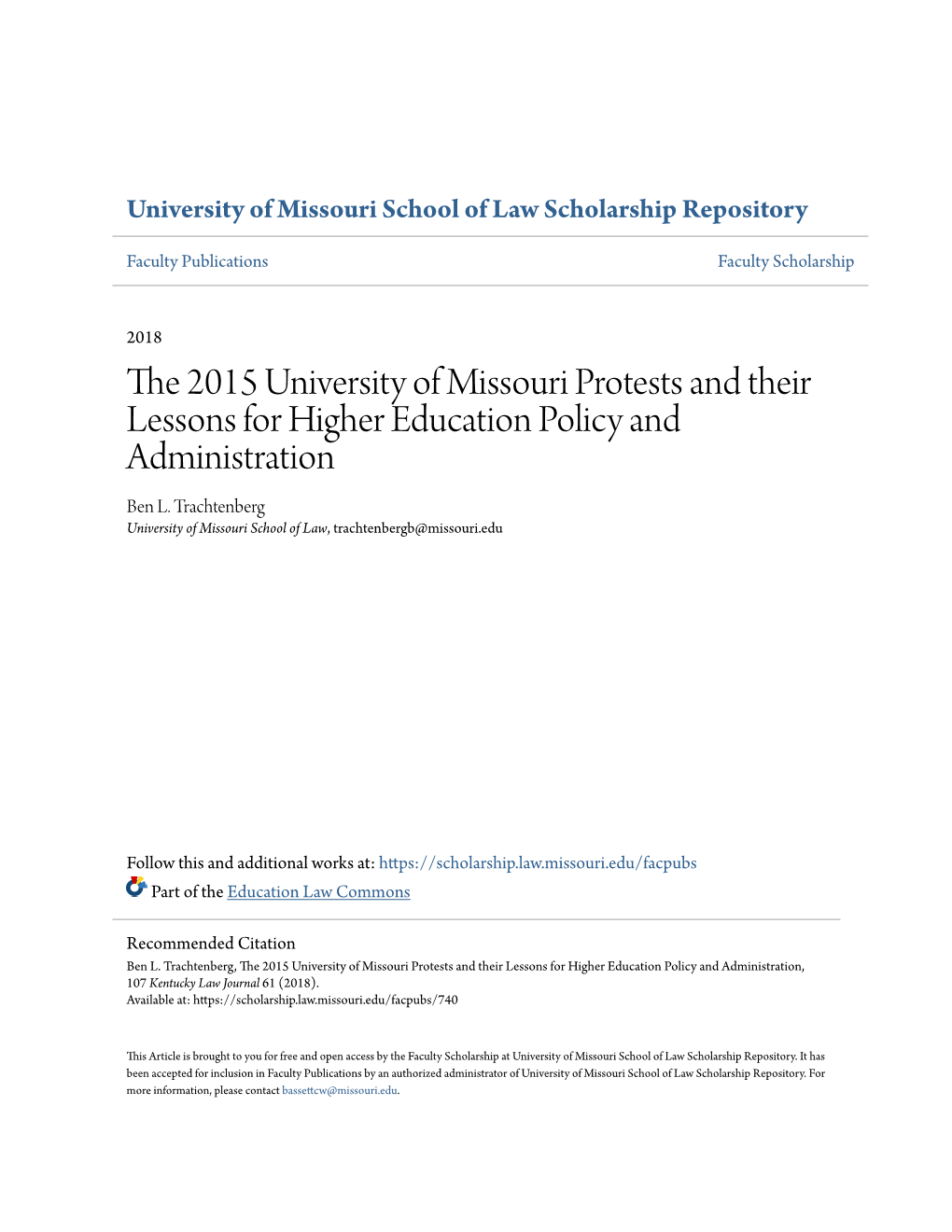 The 2015 University of Missouri Protests and Their Lessons for Higher Education Policy and Administration