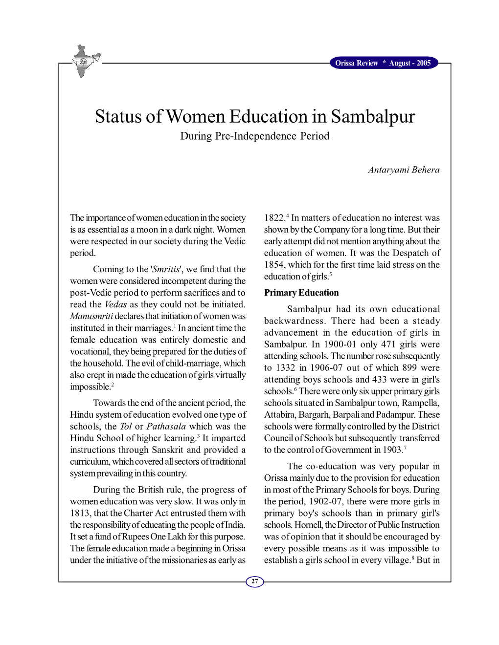 Status of Women Education in Sambalpur During Pre-Independence Period