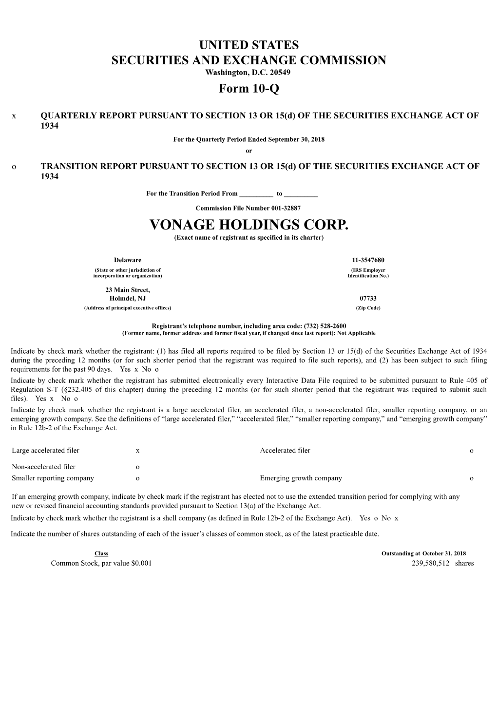 VONAGE HOLDINGS CORP. (Exact Name of Registrant As Specified in Its Charter)