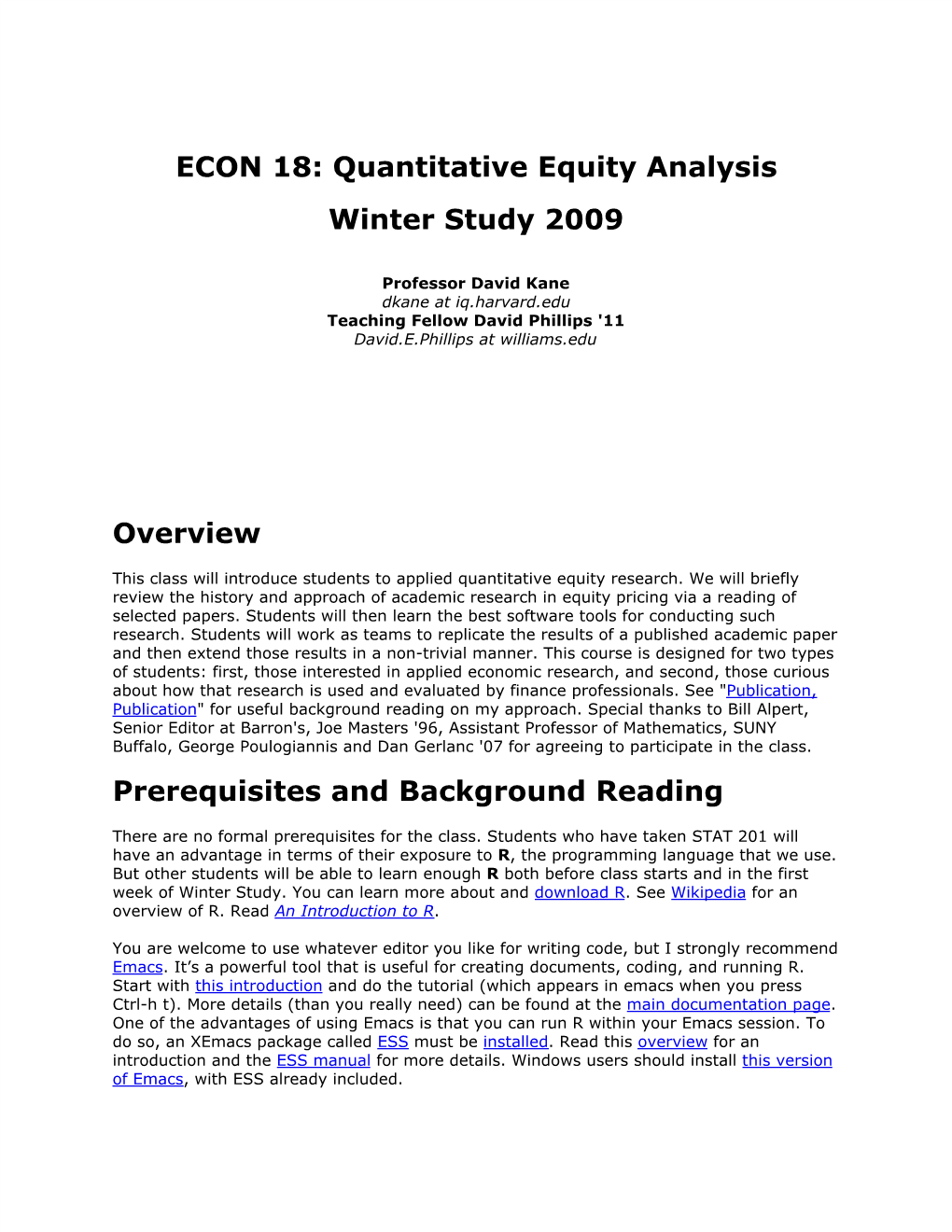 ECON 18: Quantitative Equity Analysis Winter Study 2009