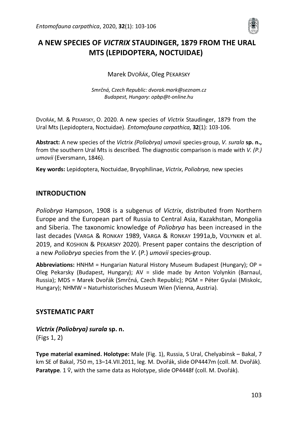 A New Species of Victrix Staudinger, 1879 from the Ural Mts (Lepidoptera, Noctuidae)