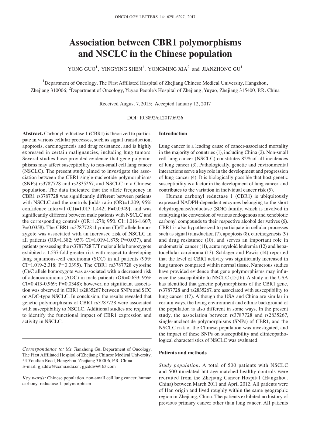 Association Between CBR1 Polymorphisms and NSCLC in the Chinese Population