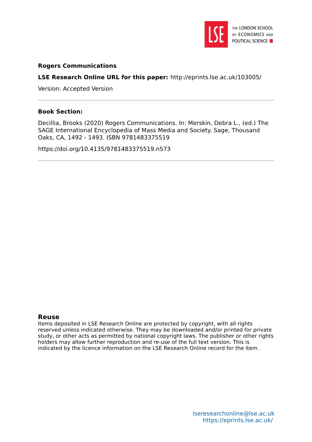 Rogers Communications LSE Research Online URL for This Paper: Version: Accepted Version