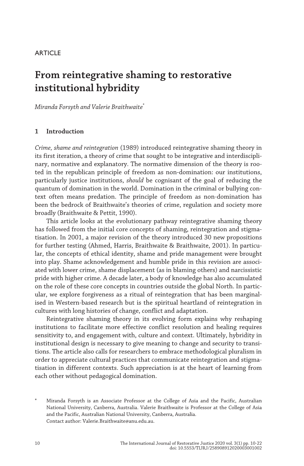 From Reintegrative Shaming to Restorative Institutional Hybridity