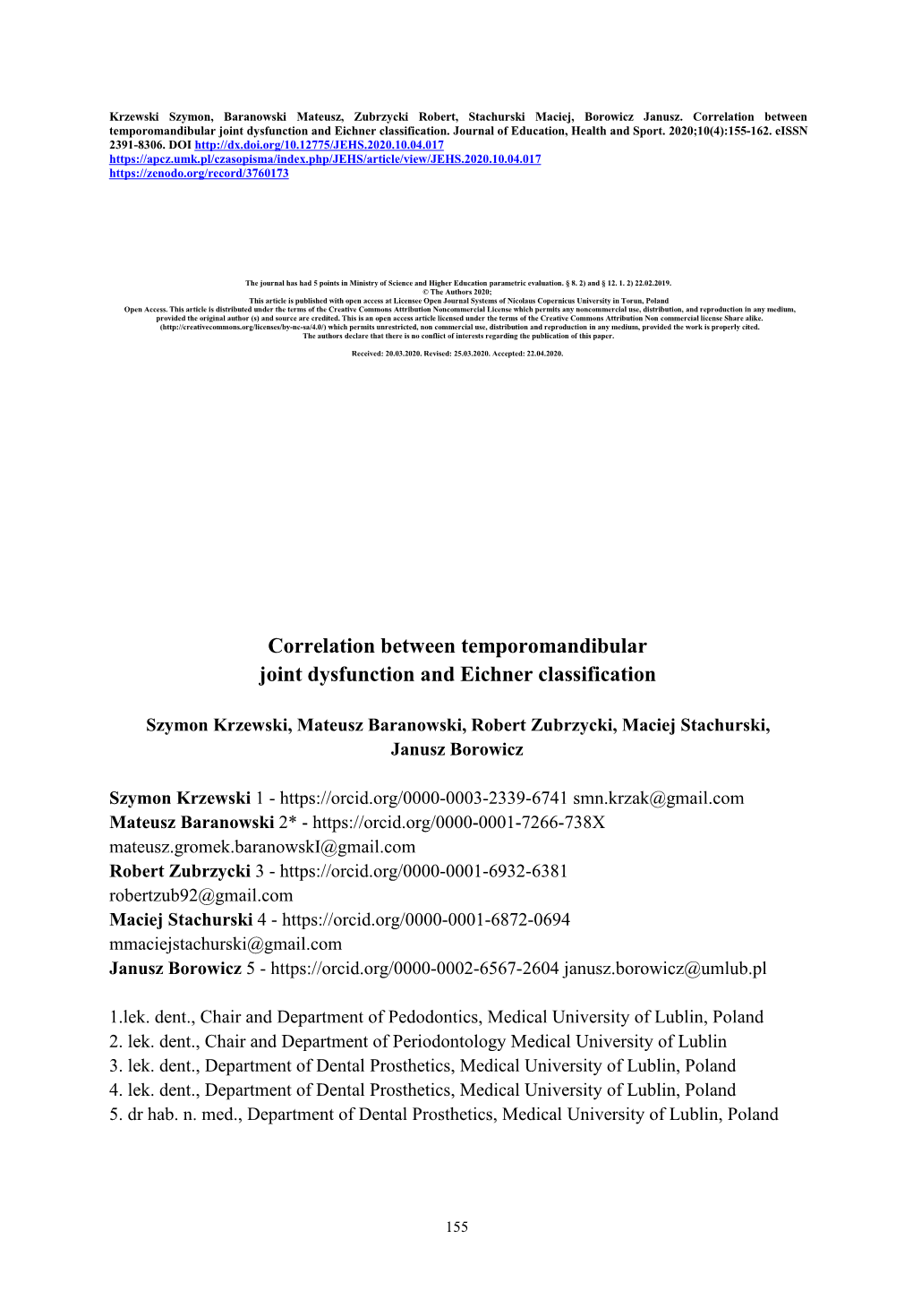 Correlation Between Temporomandibular Joint Dysfunction and Eichner Classification