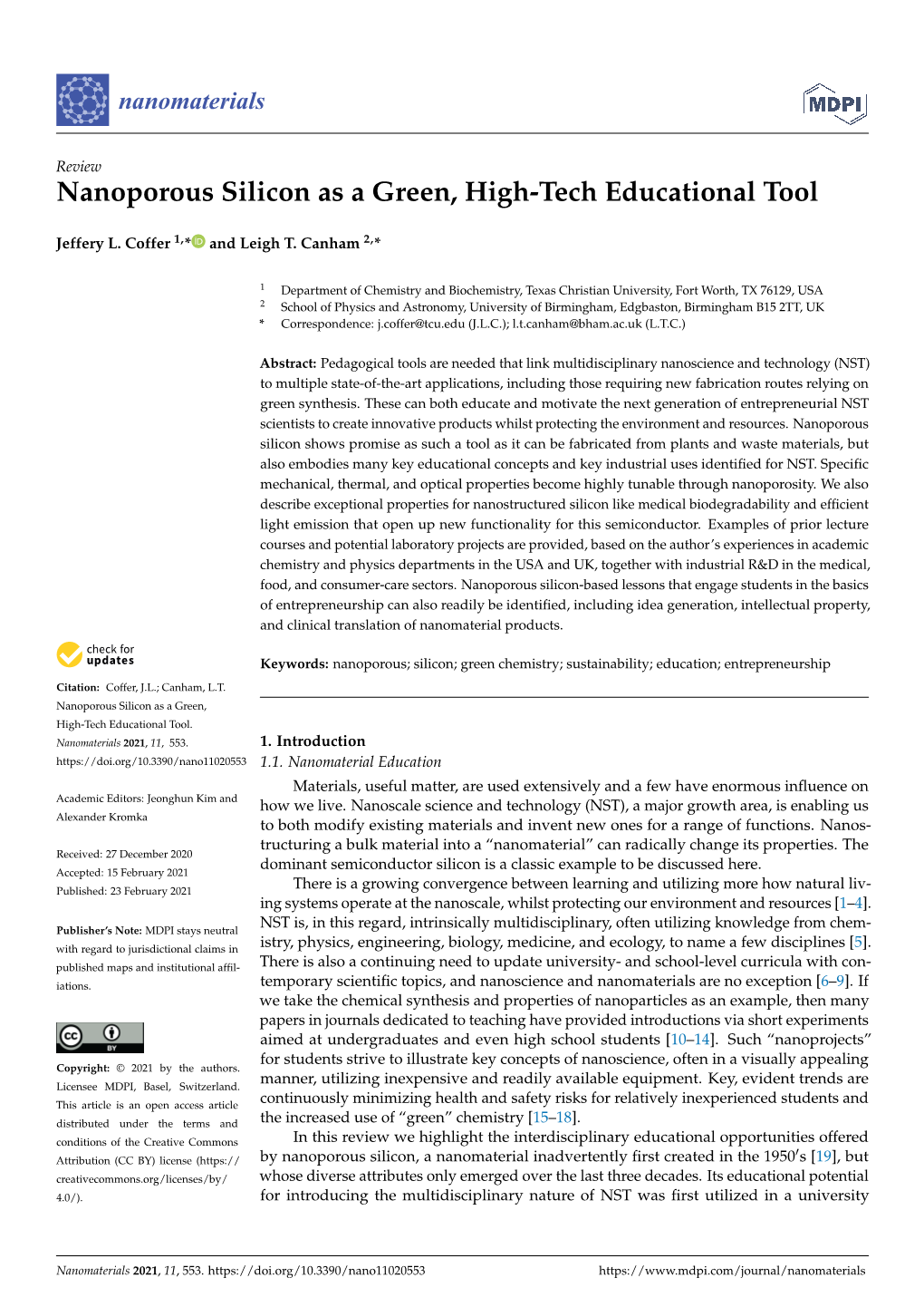 Nanoporous Silicon As a Green, High-Tech Educational Tool