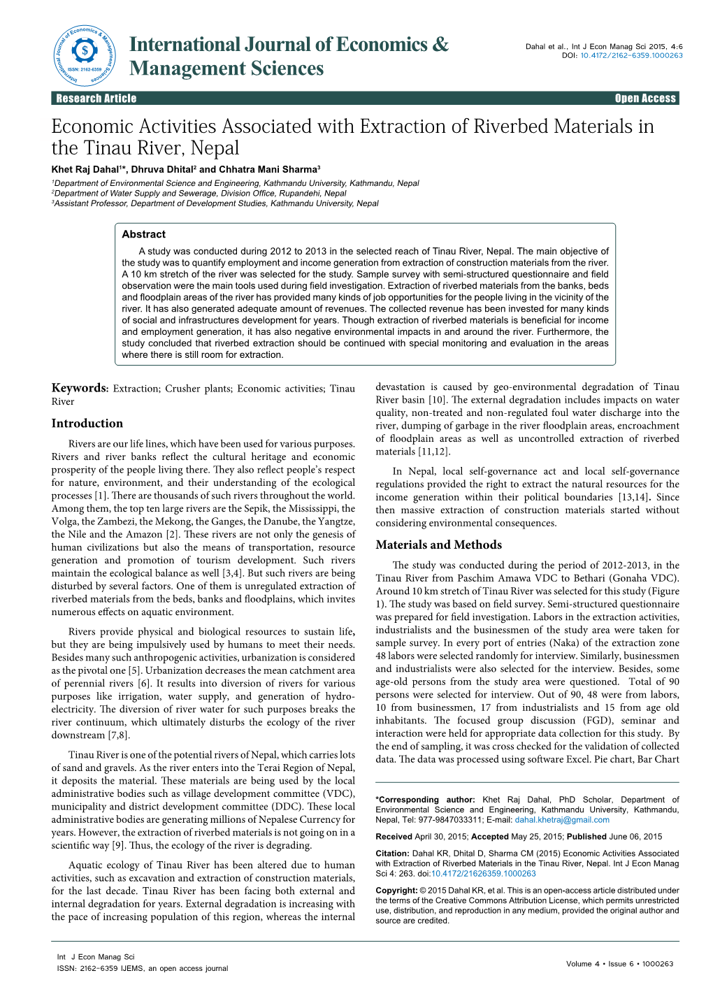 Economic Activities Associated with Extraction of Riverbed Materials in the Tinau River, Nepal