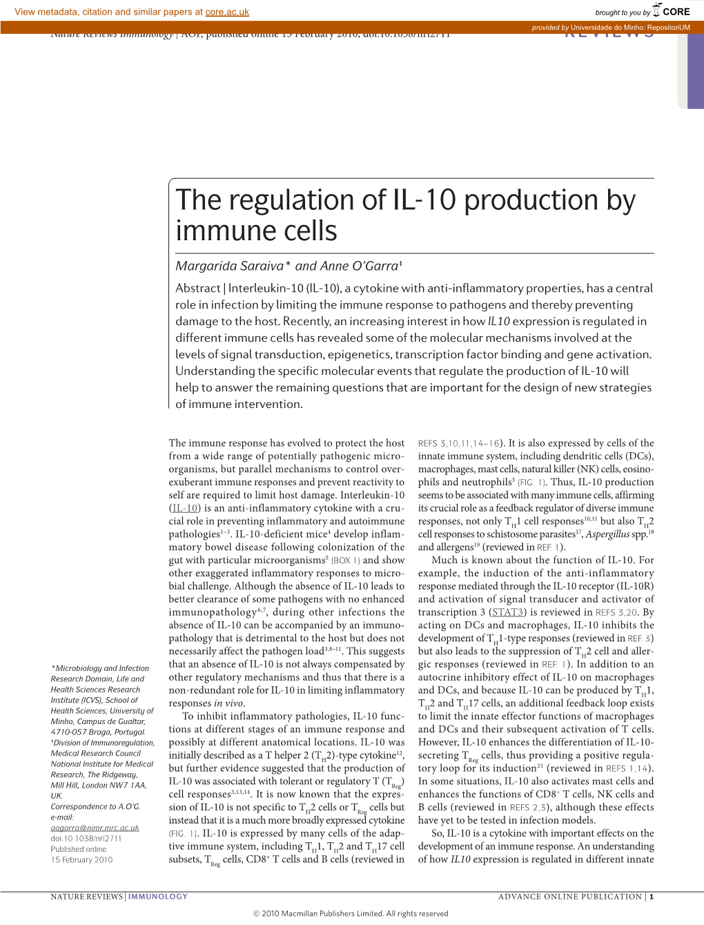 The Regulation of IL‑10 Production by Immune Cells