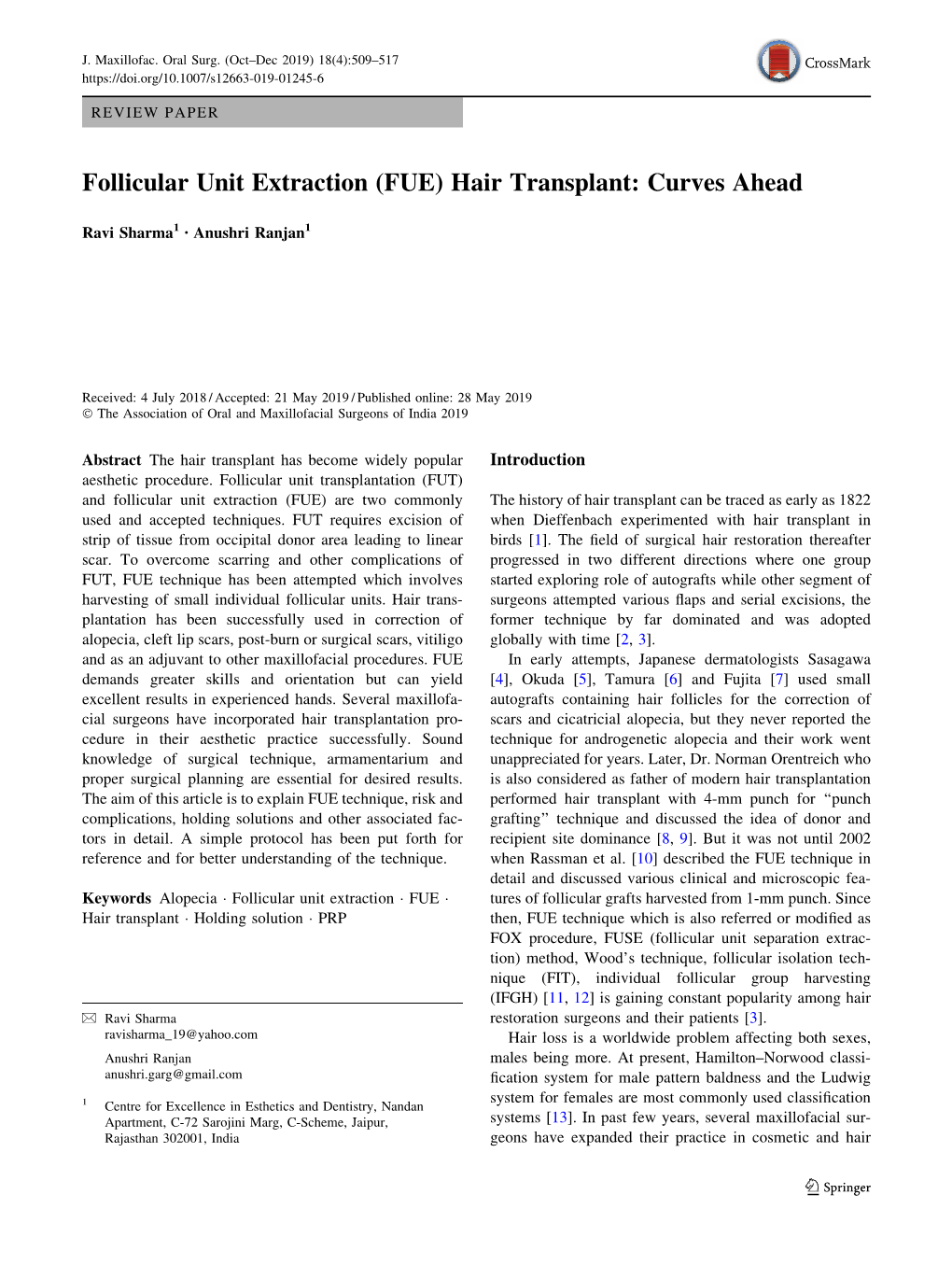 Follicular Unit Extraction (FUE) Hair Transplant: Curves Ahead