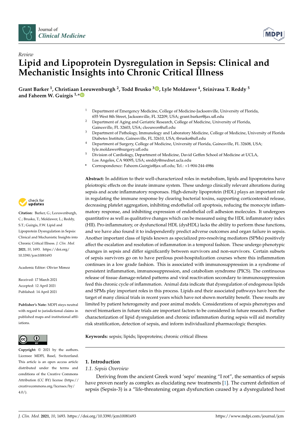 Lipid and Lipoprotein Dysregulation in Sepsis: Clinical and Mechanistic Insights Into Chronic Critical Illness