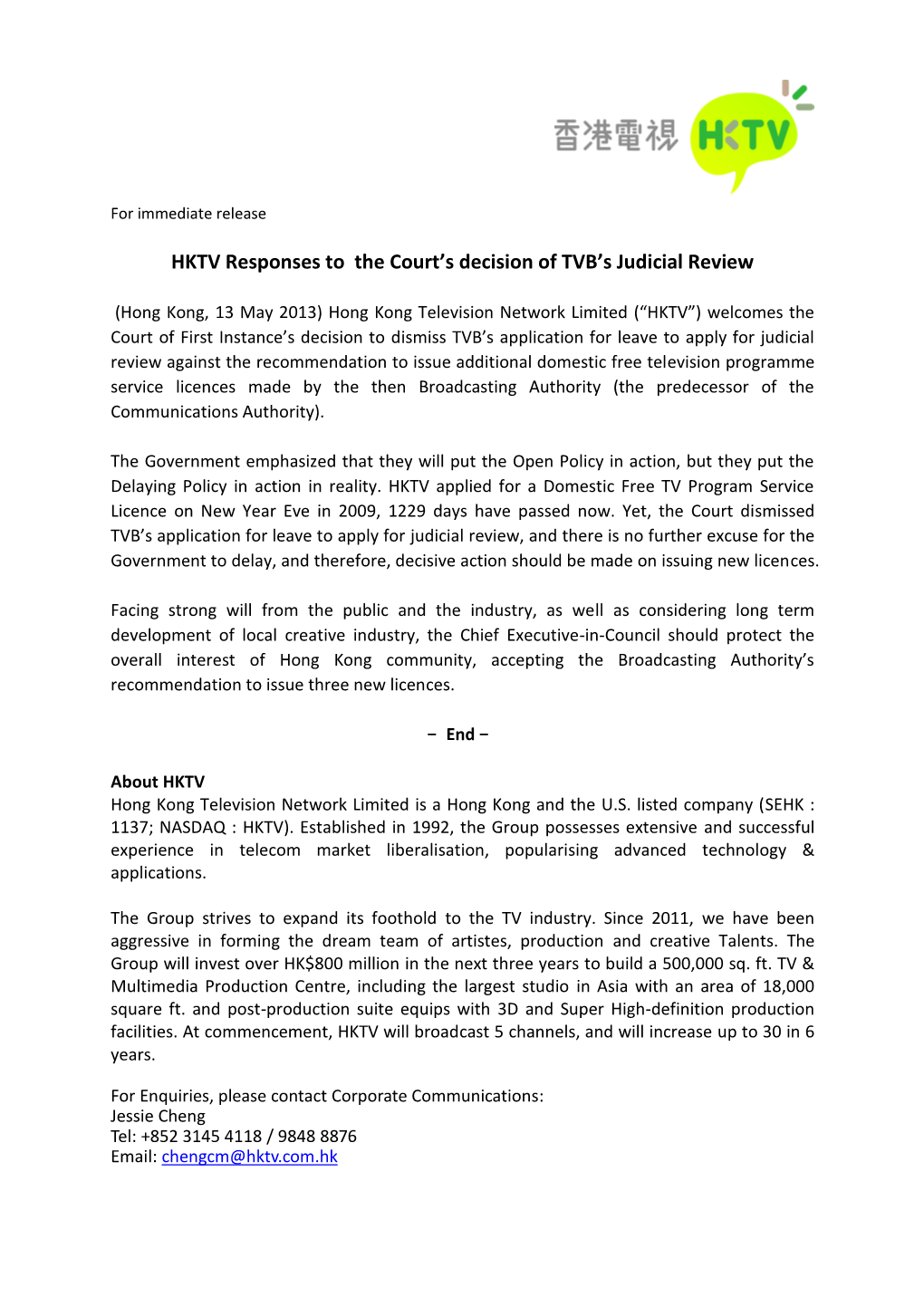 HKTV Responses to the Court's Decision of TVB's Judicial Review