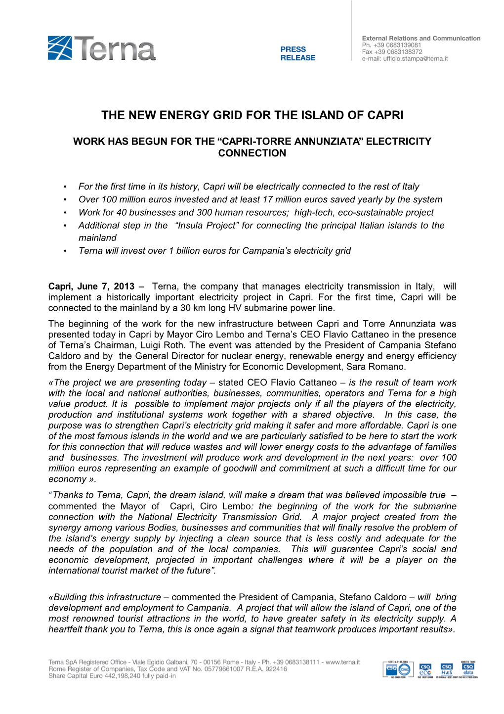 The New Energy Grid for the Island of Capri