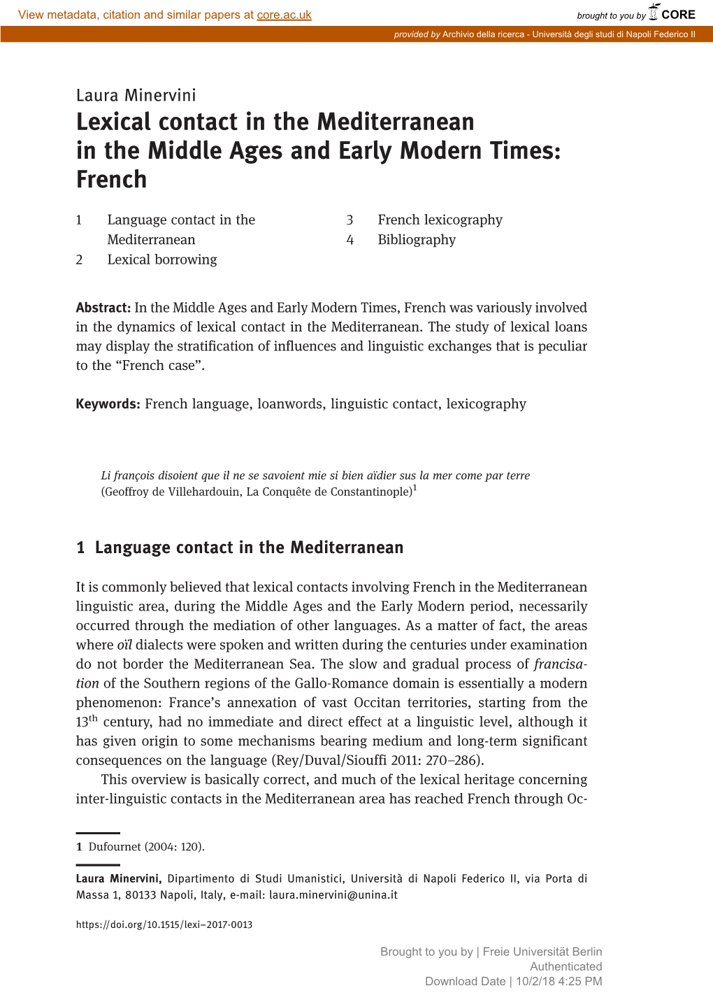 Lexical Contact in the Mediterranean in the Middle Ages and Early Modern Times: French