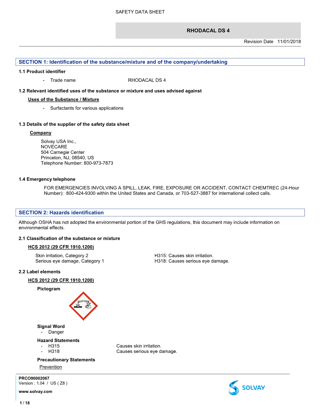 RHODACAL DS 4 SECTION 1: Identification of the Substance