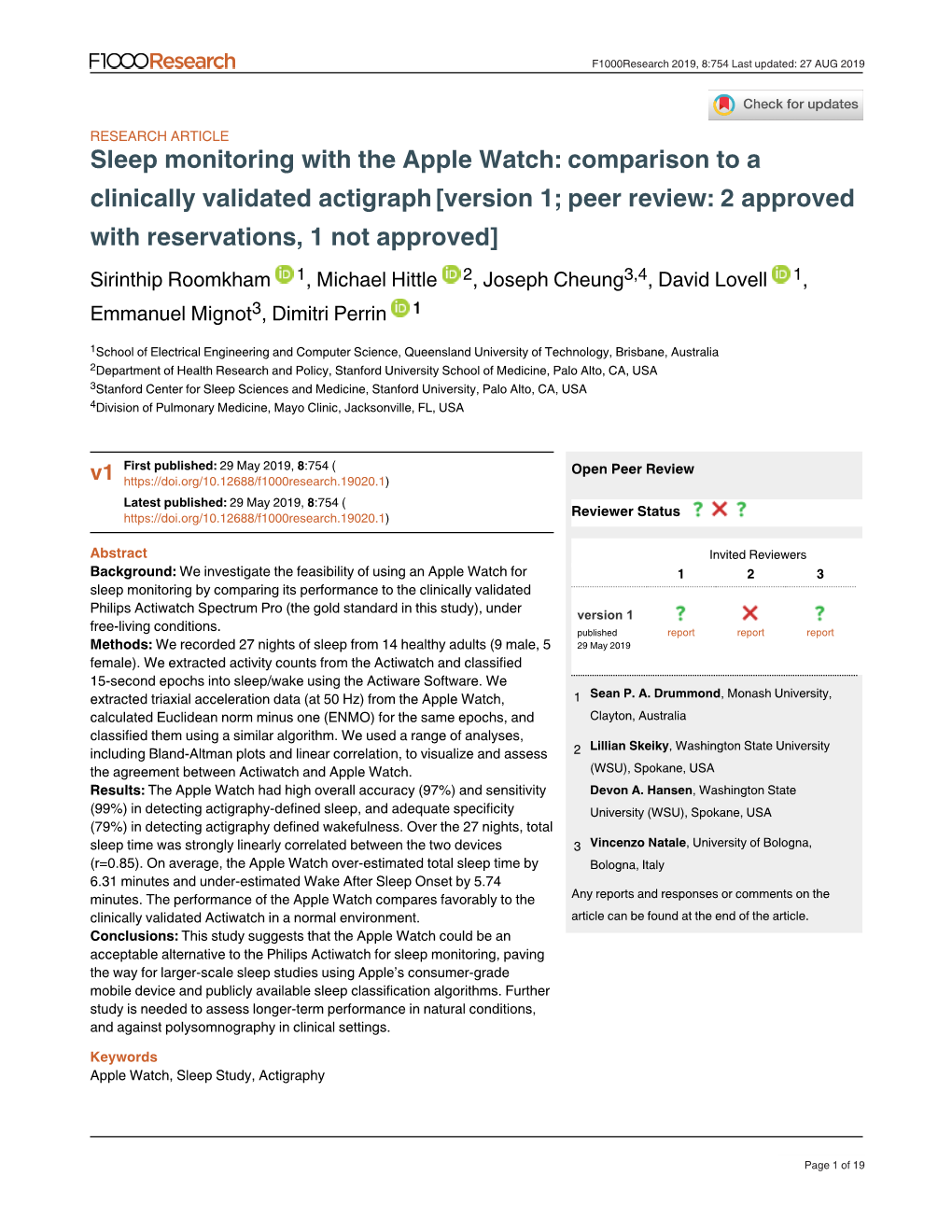 Sleep Monitoring with the Apple Watch: Comparison to a Clinically