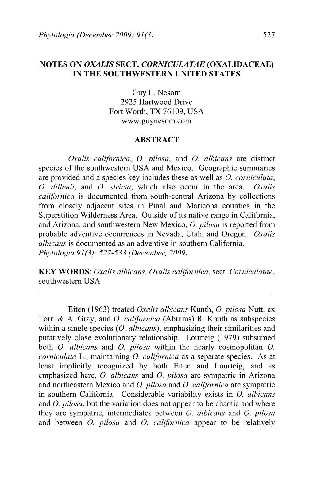 Notes on Oxalis Sect. Corniculatae (Oxalidaceae) in the Southwestern United States