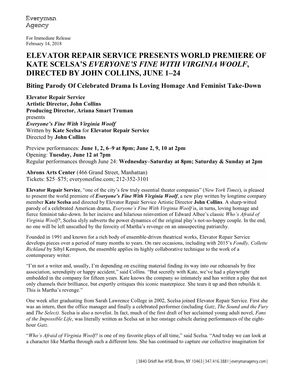 Elevator Repair Service Presents World Premiere of Kate Scelsa’S Everyone’S Fine with Virginia Woolf, Directed by John Collins, June 1–24