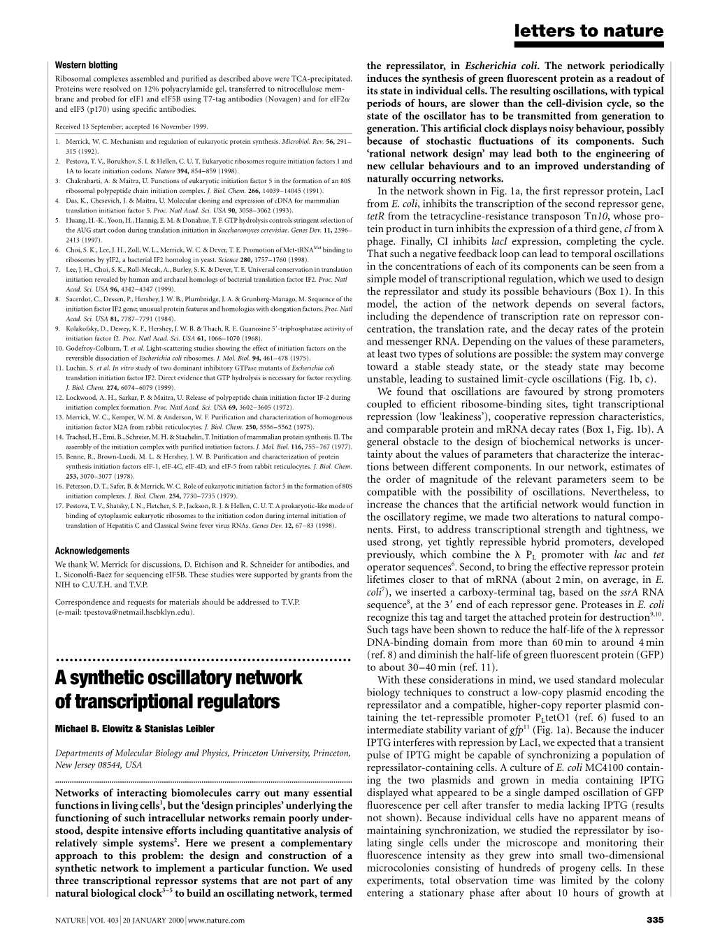 A Synthetic Oscillatory Network of Transcriptional Regulators